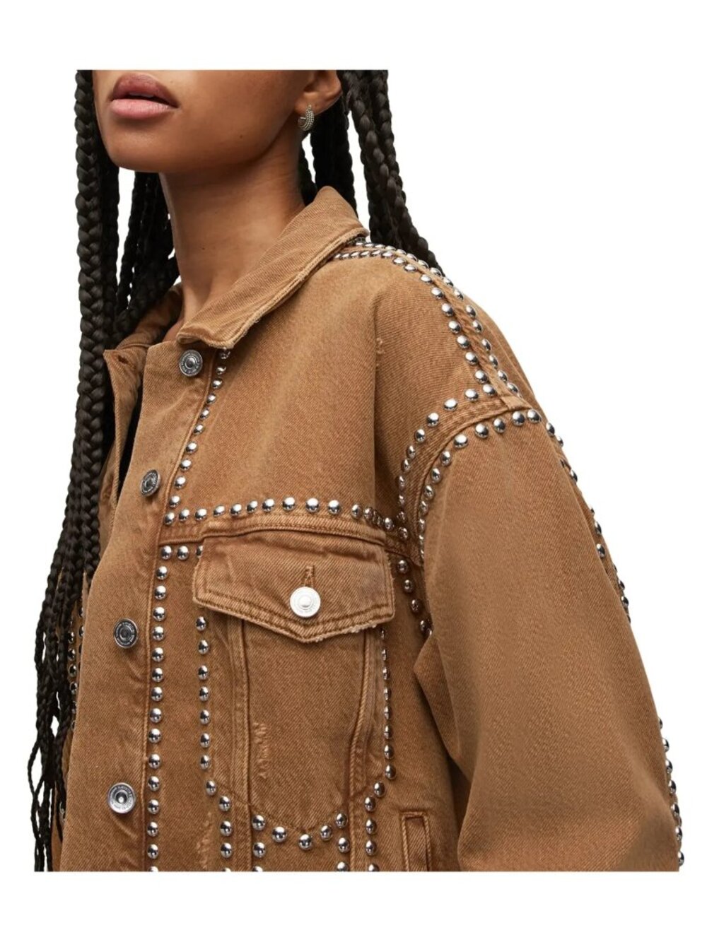 AllSaints Studded Denim Jacket in Light Brown, size US 6 / UK 10 / EU 38 - Picture 5 of 9